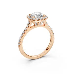 Round Halo Diamond Engagement Ring with Pavé Shank – 18K Gold