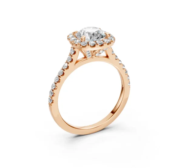 Round Halo Diamond Engagement Ring with Pavé Shank – 18K Gold